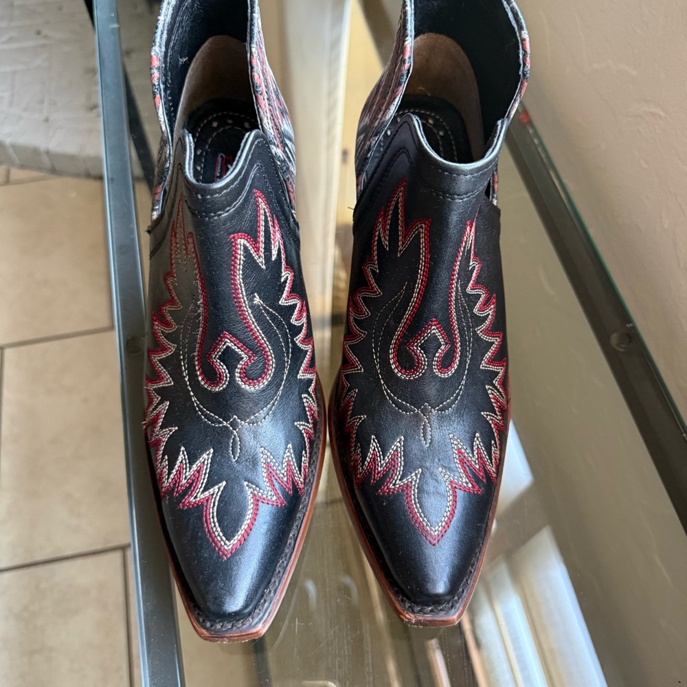 Ariat Black Ankle Booties with Red and Brown Western Stitching - Picture 5 of 11